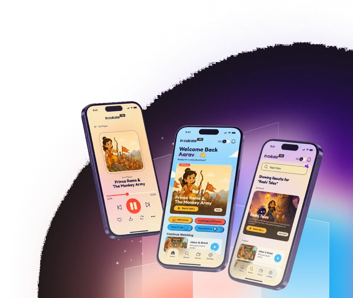 in.culcate Kids app screens on three phones